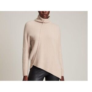 AllSaints Lock Roll Neck Wool Yak Blend Asymmetric Sweater Beige Oatmeal Small